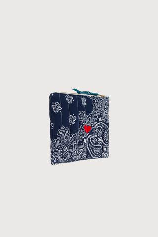 side profile Mini Pouchette Zipper / embroidered Heart Navy / Petrol cotton bandana