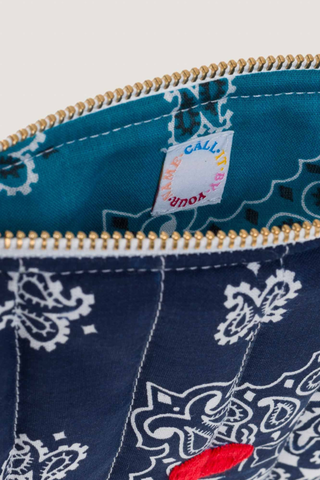 close up inside logo Mini Pouchette Zipper / embroidered Heart Navy / Petrol cotton bandana