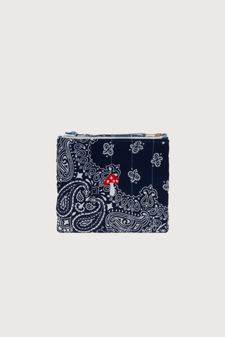 front profile Mini Pouchette Zipper / embroidered Mushroom Navy / Chambray cotton bandana 