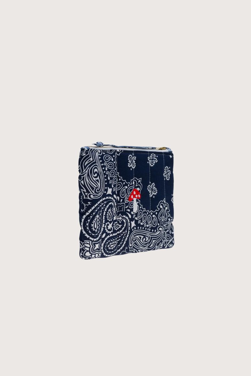 side profile Mini Pouchette Zipper / embroidered Mushroom Navy / Chambray cotton bandana 
