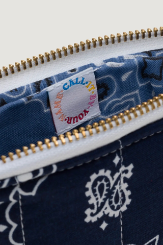 close up inside logo Mini Pouchette Zipper / embroidered Mushroom Navy / Chambray cotton bandana 