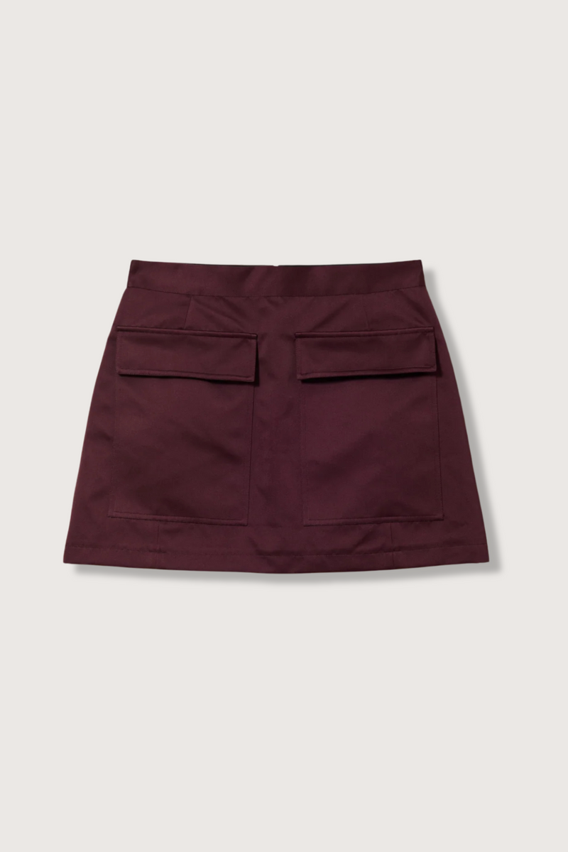 flat lay Mini Skirt With Pockets, Burgundy mini skirt, Duchesse satin, Hip flap pockets, Concealed back zipper closure
