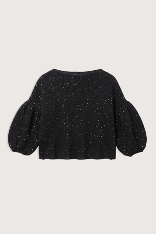flat lay Mohair Black Silk/Sequins Top Mohair silk blend
Sparkle Top
Lightweight
Half-sleeve
Airy feel
Subtle shimmer throughout
Boat neckline
Bubble sleeve&nbsp;
Loose boxy shape
Cropped length
Relaxed proportion