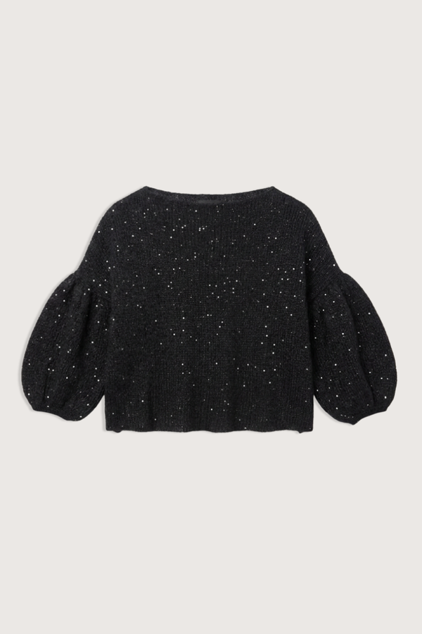 flat lay Mohair Black Silk/Sequins Top Mohair silk blend
Sparkle Top
Lightweight
Half-sleeve
Airy feel
Subtle shimmer throughout
Boat neckline
Bubble sleeve&nbsp;
Loose boxy shape
Cropped length
Relaxed proportion
