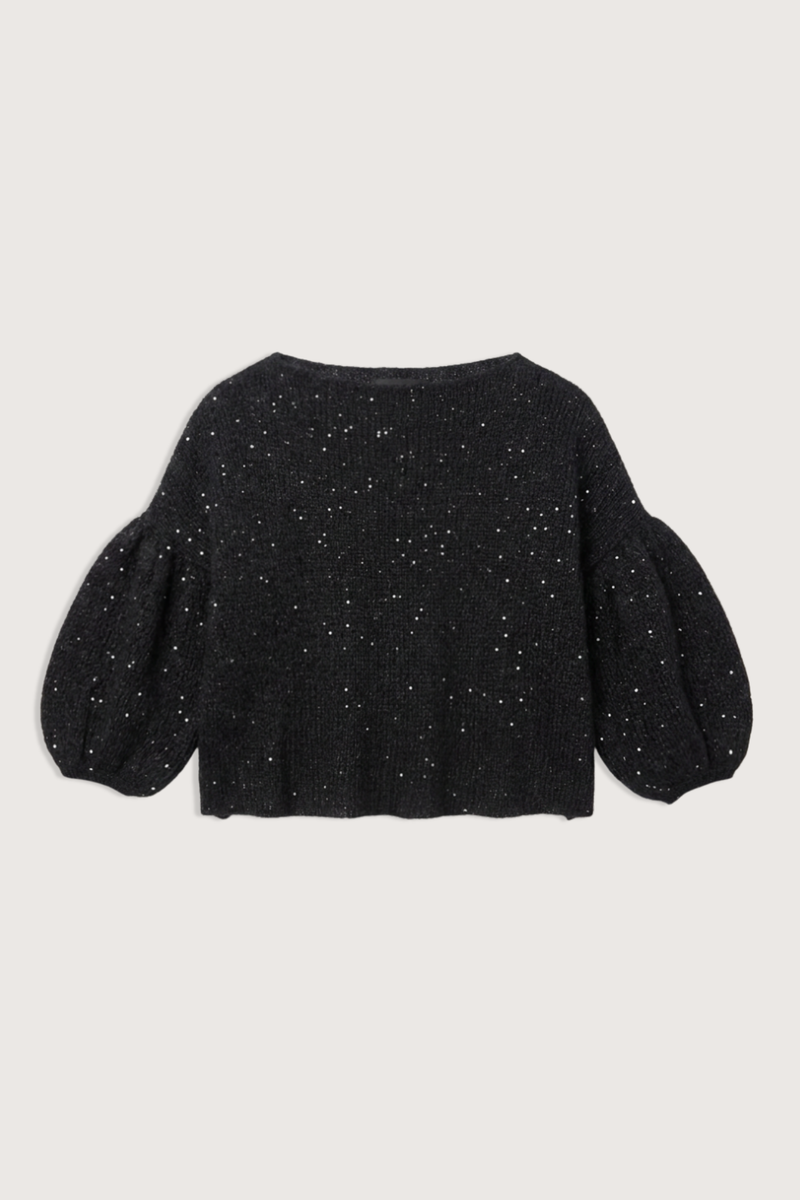 flat lay Mohair Black Silk/Sequins Top Mohair silk blend
Sparkle Top
Lightweight
Half-sleeve
Airy feel
Subtle shimmer throughout
Boat neckline
Bubble sleeve&nbsp;
Loose boxy shape
Cropped length
Relaxed proportion