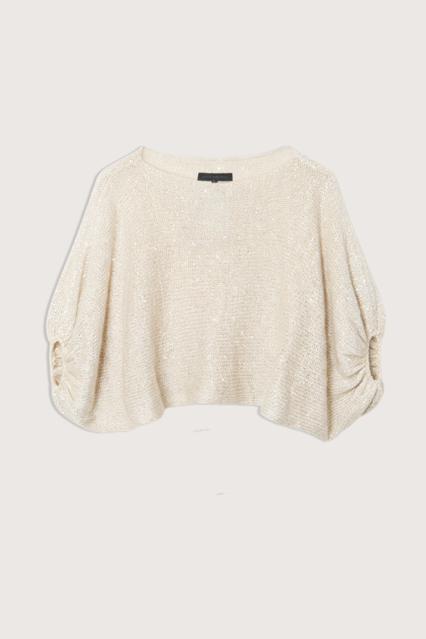 flat lay Mohair Silk With Sequins Top ivory Mohair silk blend
Sparkle Top
Lightweight
Half-sleeve
Airy feel
Subtle shimmer throughout
Boat neckline
Continuous sleeves
Loose boxy shape
Cropped length
Relaxed proportion