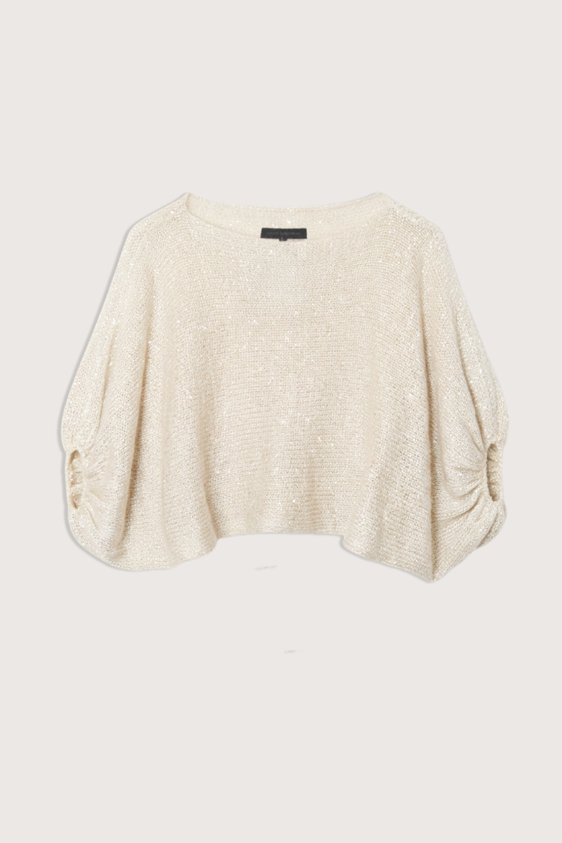 flat lay Mohair Silk With Sequins Top ivory Mohair silk blend
Sparkle Top
Lightweight
Half-sleeve
Airy feel
Subtle shimmer throughout
Boat neckline
Continuous sleeves
Loose boxy shape
Cropped length
Relaxed proportion