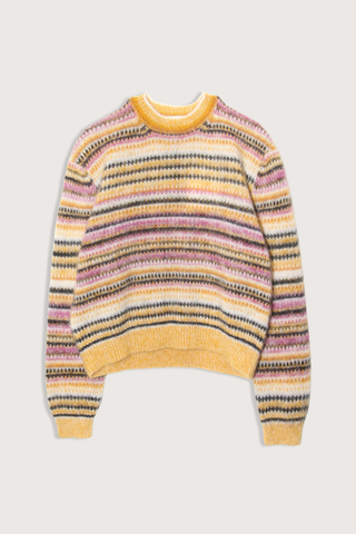flat lay Morine Striped Brushed Mustard Long Sleeve
Crewneck
Stripe pattern
58% mohair/30% polyamide/12% wool