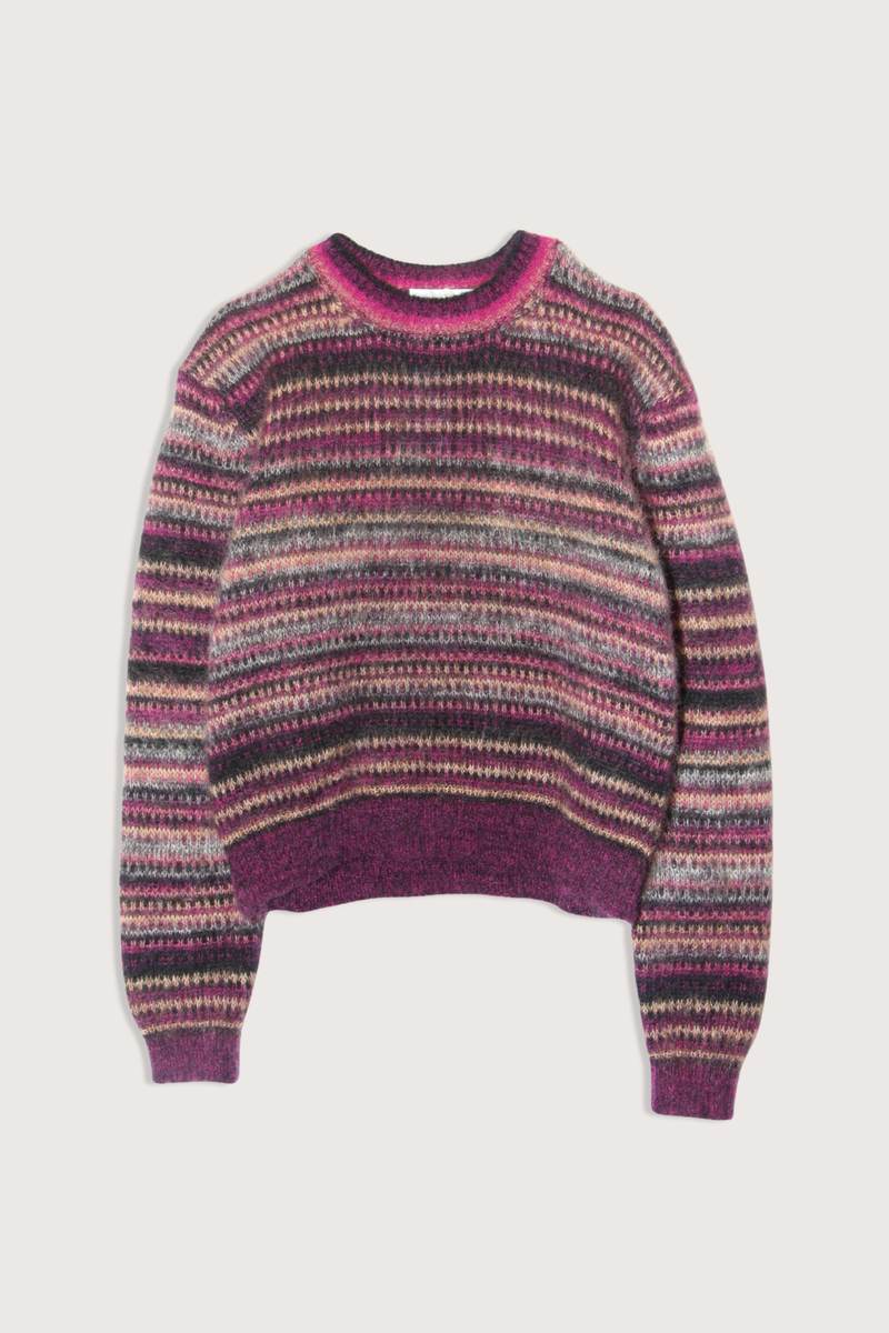 flat lay Morine Striped Brushed Plum Long Sleeve
Crewneck
Stripe pattern
58% mohair/30% polyamide/12% wool