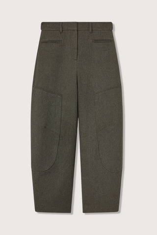 flat lay Mouline Curved Pants forest green Hook and zip closure Belt loops 3 pockets GANNI logo at the back pocket