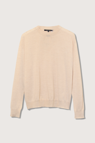 flat lay Muscat Fine merino wool Crew Neck nude beige dropped shoulders relaxed fit ribbed trim