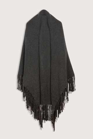 flat lay Myles Shawl With Fringe charcoal grey Hand knitted
Italian cashmere blend yarn
Oversized
Long hand knotted fringe
Designed to be wrapped
Italian Yarn