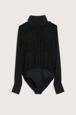 flat lay Nadine Bodysuit black Bodysuit
Sheer
Long-sleeve
Button-up silhouette
Satin chest pockets
