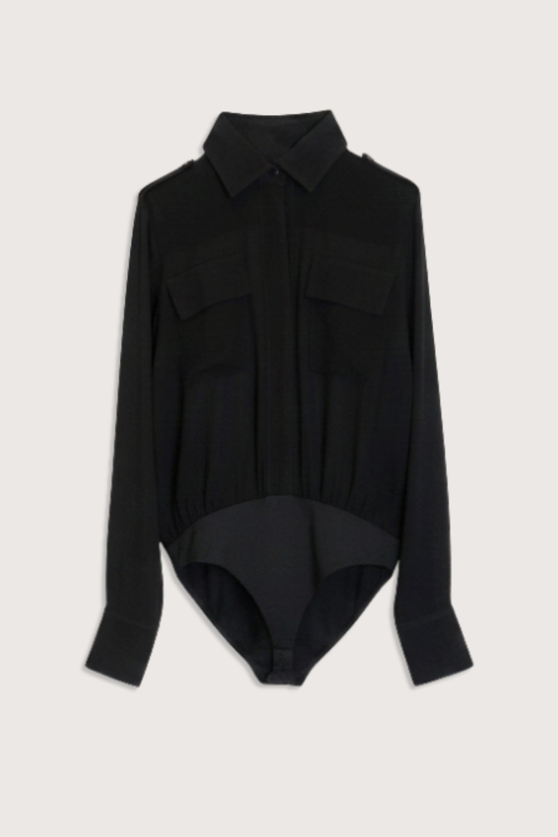 flat lay Nadine Bodysuit black Bodysuit
Sheer
Long-sleeve
Button-up silhouette
Satin chest pockets
