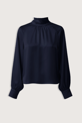 flat lay Nadine Silk Blouse Midnight  blue Gathered turtleneck
Relaxed silhouette
100% Silk
