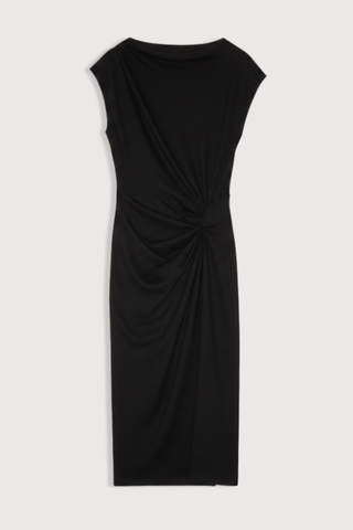 flat lay Naerys Flannel Jersey Dress Black Boat neck
One extended-shoulder sleeve, one short dolman sleeve
Pullover style
Gathered at right shoulder and left waist
Column silhouette
Made in Portugal
Mid calf length
66% polyester/29% wool/5% elastane