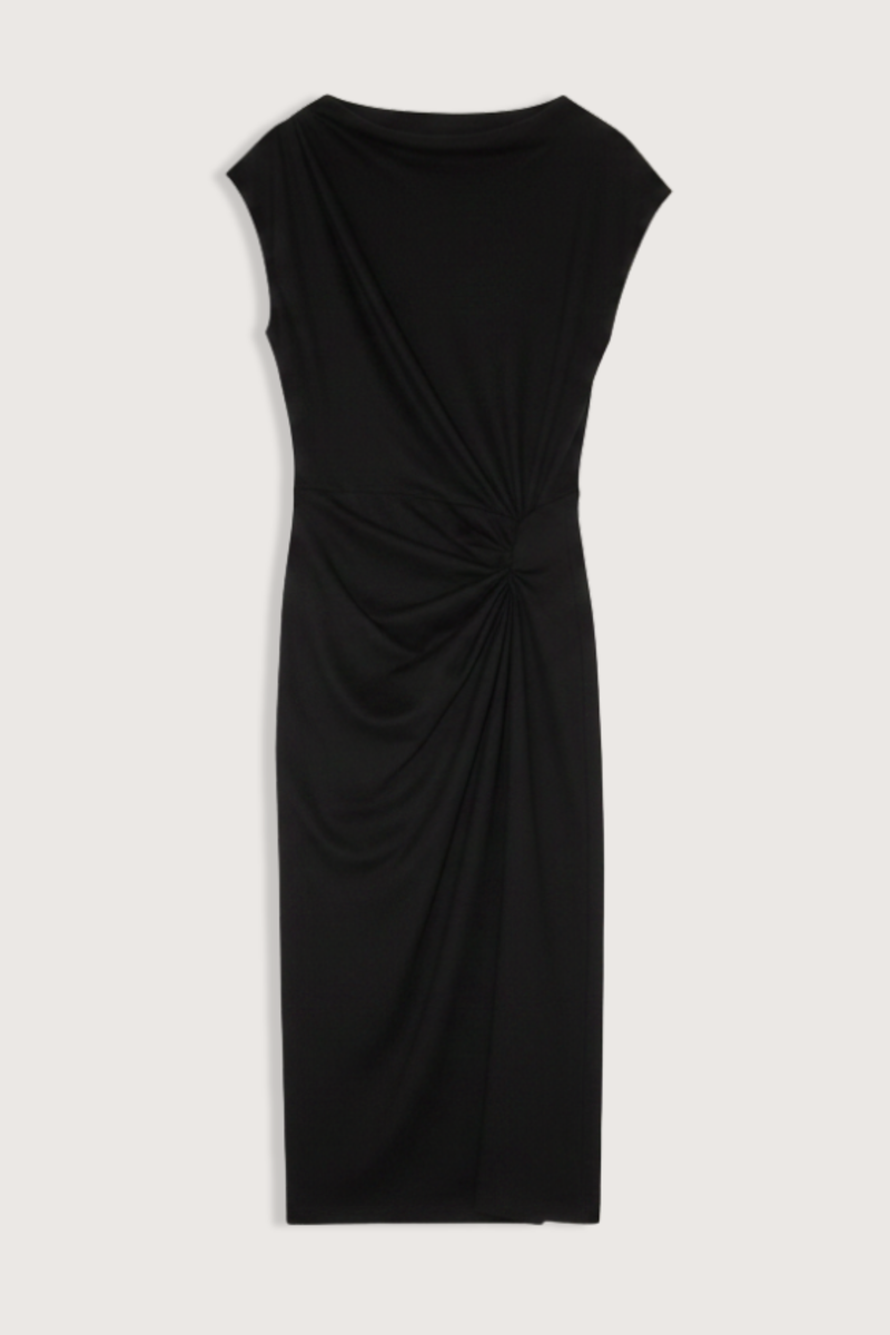 flat lay Naerys Flannel Jersey Dress Black Boat neck
One extended-shoulder sleeve, one short dolman sleeve
Pullover style
Gathered at right shoulder and left waist
Column silhouette
Made in Portugal
Mid calf length
66% polyester/29% wool/5% elastane