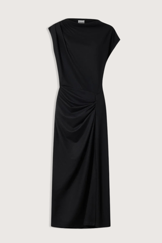 flat lay Naerys Flannel Jersey Dress Black Draped design
Flannel jersey
Long, fitted silhouette
Bateau neckline
Short sleeves
Pleating at the front and one shoulder
Side slit
Polyester 66% Wool 29% Elastane 5%