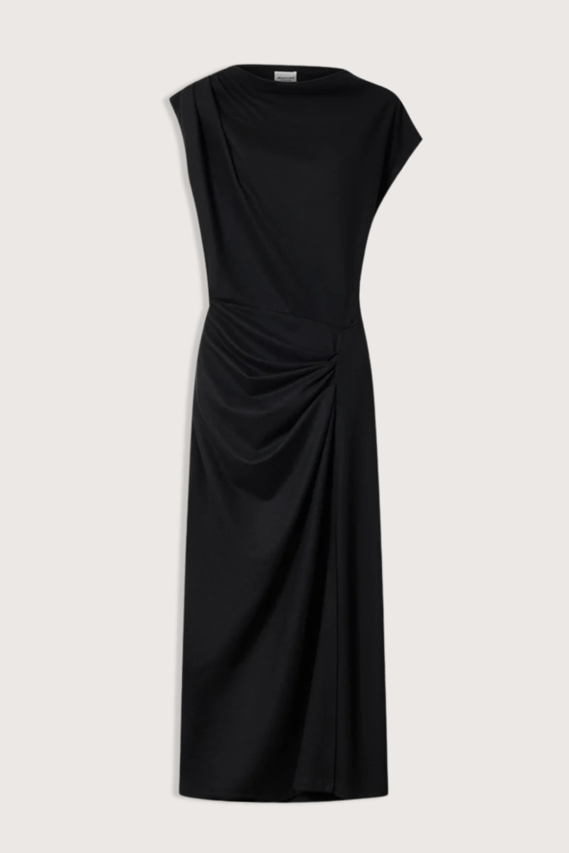 flat lay Naerys Flannel Jersey Dress Black Draped design
Flannel jersey
Long, fitted silhouette
Bateau neckline
Short sleeves
Pleating at the front and one shoulder
Side slit
Polyester 66% Wool 29% Elastane 5%