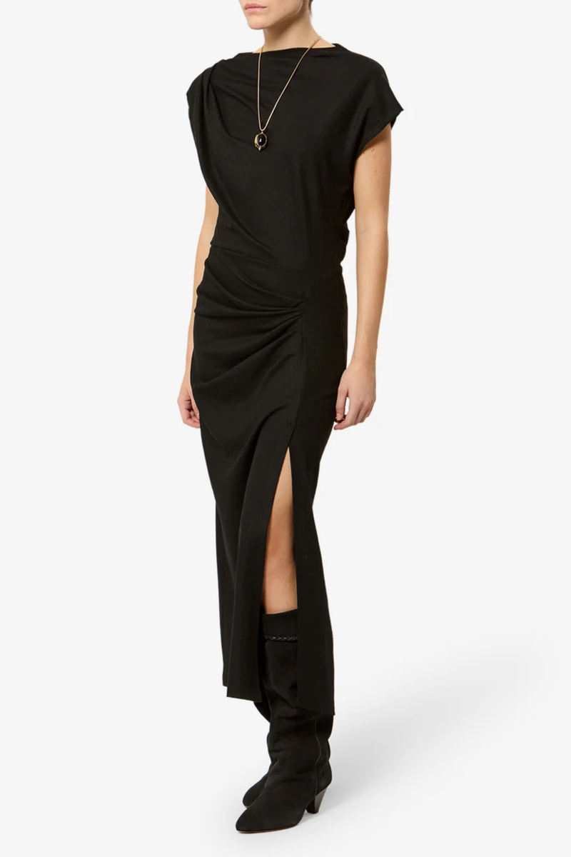 angled profile model wearing Naerys Flannel Jersey Dress Black Draped design
Flannel jersey
Long, fitted silhouette
Bateau neckline
Short sleeves
Pleating at the front and one shoulder
Side slit
Polyester 66% Wool 29% Elastane 5%