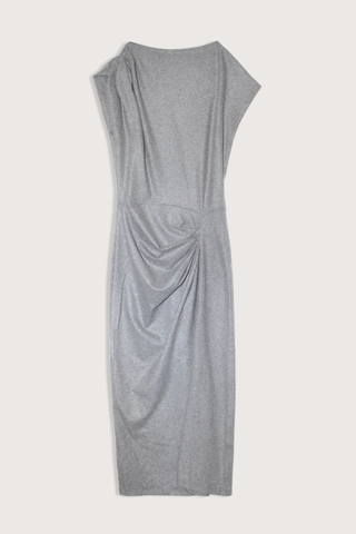 flat lay Naerys Flannel Jersey Dress Grey Boat neck
One extended-shoulder sleeve, one short dolman sleeve
Pullover style
Gathered at right shoulder and left waist
Column silhouette
Mid calf length
66% polyester/29% wool/5% elastane