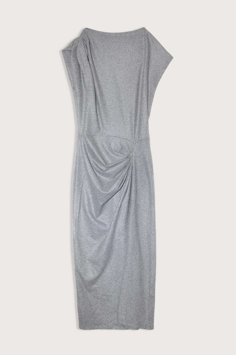flat lay Naerys Flannel Jersey Dress Grey Boat neck
One extended-shoulder sleeve, one short dolman sleeve
Pullover style
Gathered at right shoulder and left waist
Column silhouette
Mid calf length
66% polyester/29% wool/5% elastane