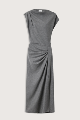 flat lay Naerys Flannel Jersey Dress Grey Draped design
Flannel jersey
Long, fitted silhouette
Bateau neckline
Short sleeves
Pleating at the front and one shoulder
Side slit
Polyester 66% Wool 29% Elastane 5%