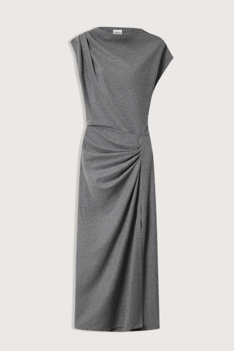 flat lay Naerys Flannel Jersey Dress Grey Draped design
Flannel jersey
Long, fitted silhouette
Bateau neckline
Short sleeves
Pleating at the front and one shoulder
Side slit
Polyester 66% Wool 29% Elastane 5%