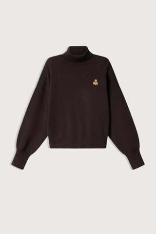 flat lay Nasha T-Neck Sweater With Logo chocolate brown Wool-blend turtleneck sweater
Relaxed, oversized fit
Contrasting embroidered "IM" logo on the chest
Dropped shoulders
Long sleeves
Rib-knit cuffs, hem, and collar
Composition: 70% Cotton, 30% Wool