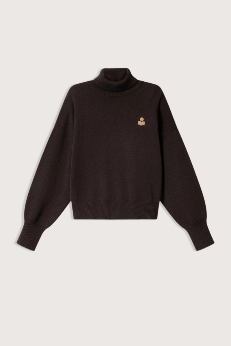 flat lay Nasha T-Neck Sweater With Logo chocolate brown Wool-blend turtleneck sweater
Relaxed, oversized fit
Contrasting embroidered "IM" logo on the chest
Dropped shoulders
Long sleeves
Rib-knit cuffs, hem, and collar
Composition: 70% Cotton, 30% Wool