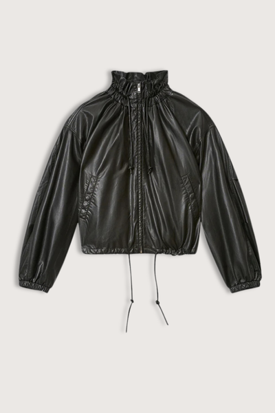 flat lay Neela Fluid Faux Leather Jacket black Short supple faux leather jacket
Collar with tie-up drawstrings
Long sleeves
Zip-up front
Side pockets
Tapered elasticated cuffs
Tapered drawstring hem
Relaxed fit