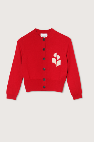 flat lay Newton Iconic Cardi Poppy Red round neck button closure long sleeve