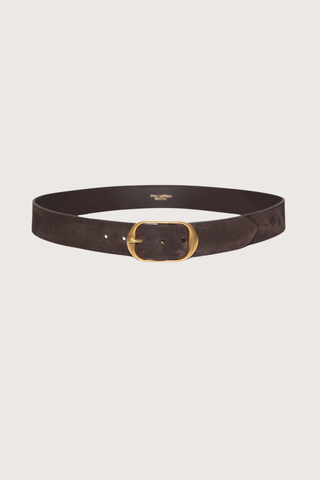 flat lay Nili Belt Espresso brown Wide-style belt
Italian vachetta
Solid brass buckle with a matte gold finish
calfskin leather suede