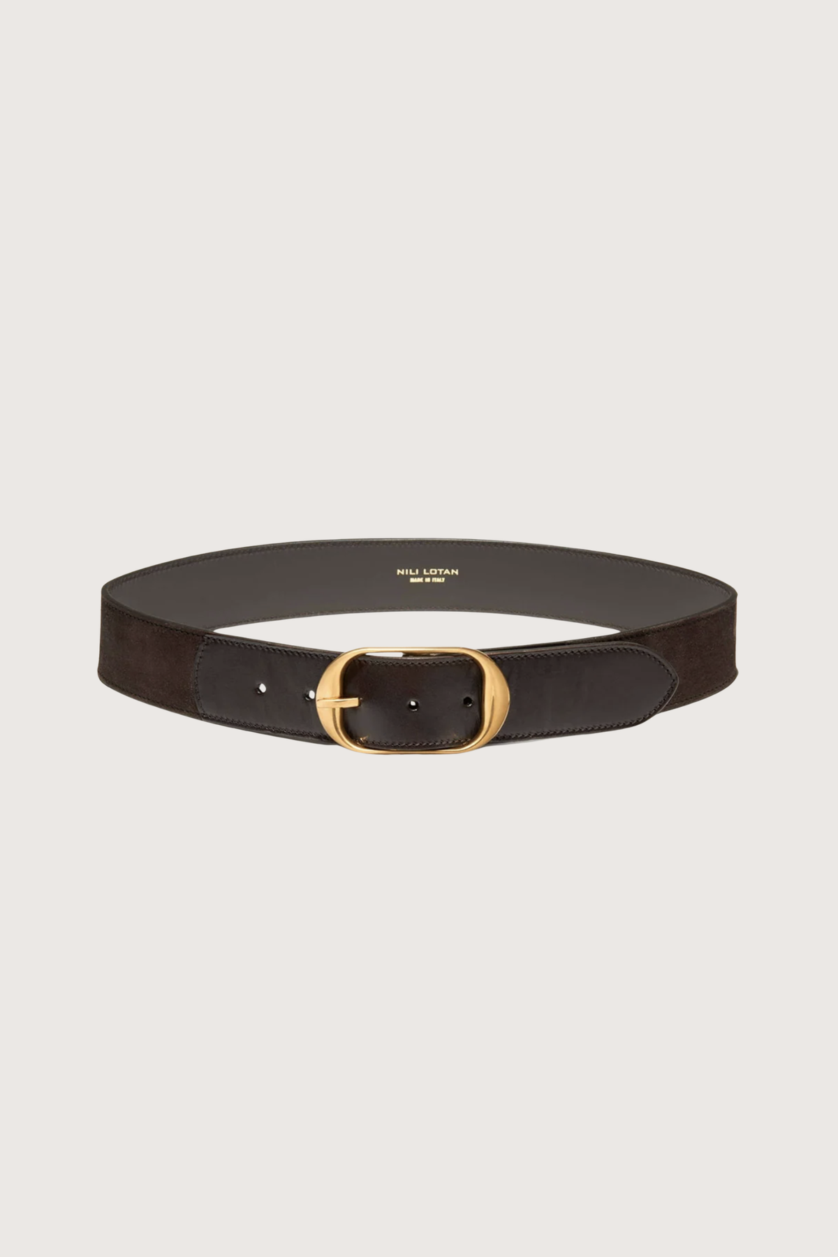 flat lay Nili Belt Vintage Brown 40mm contour belt
Custom Nili buckle
Finished with micro engraving on the back
Leather Suede Combo
100% Calfskin Leather