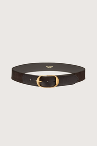 flat lay Nili Belt Vintage Brown 40mm contour belt
Custom Nili buckle
Finished with micro engraving on the back
Leather Suede Combo
100% Calfskin Leather