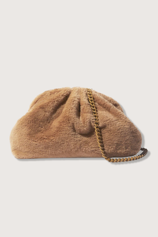 flat lay Nita Game Faux Fur Clutch Bag Nude with tonal chain strap included