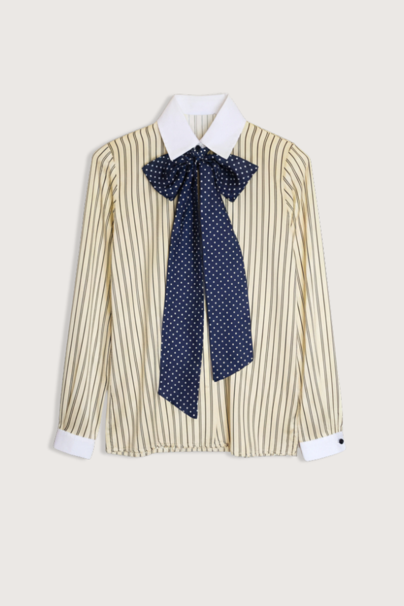 flat lay Nokia Stripe Shirt With Polka Dot Tie navy yellow Front tie can be work as is or a bow
Polka dot print throughout
90% Silk, 10% Elastane 