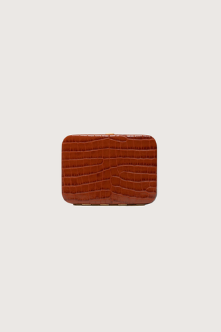 front profile Nolan Card Holder Cognac Croc leather Custom frame is in 24k gold-plated stainless steel 
