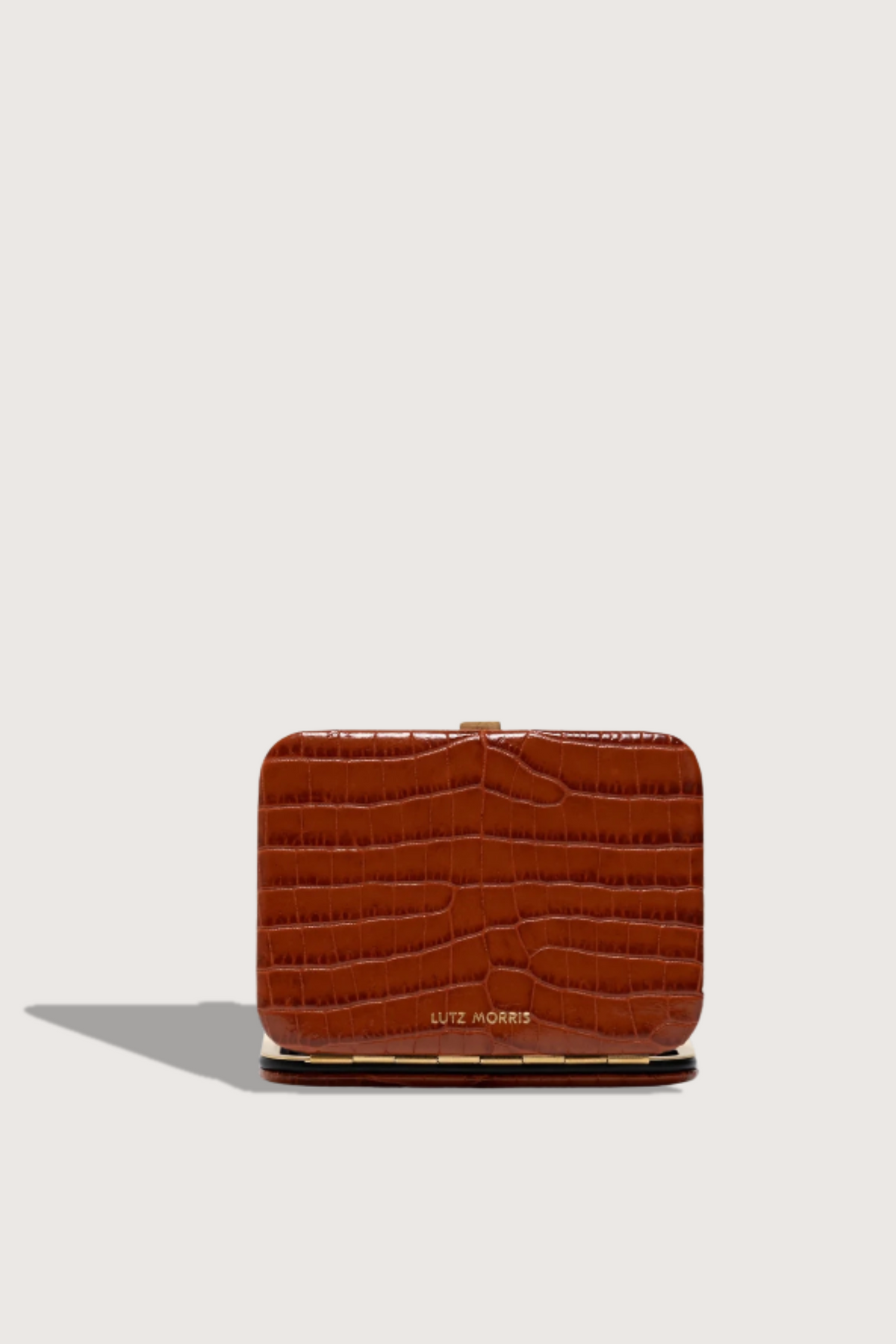 back profile Nolan Card Holder Cognac Croc leather Custom frame is in 24k gold-plated stainless steel with gold logo stamp