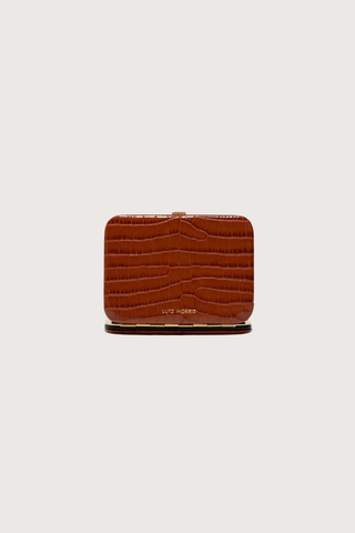 back profile Nolan Card Holder Cognac Croc leather Custom frame is in 24k gold-plated stainless steel with gold logo stamp