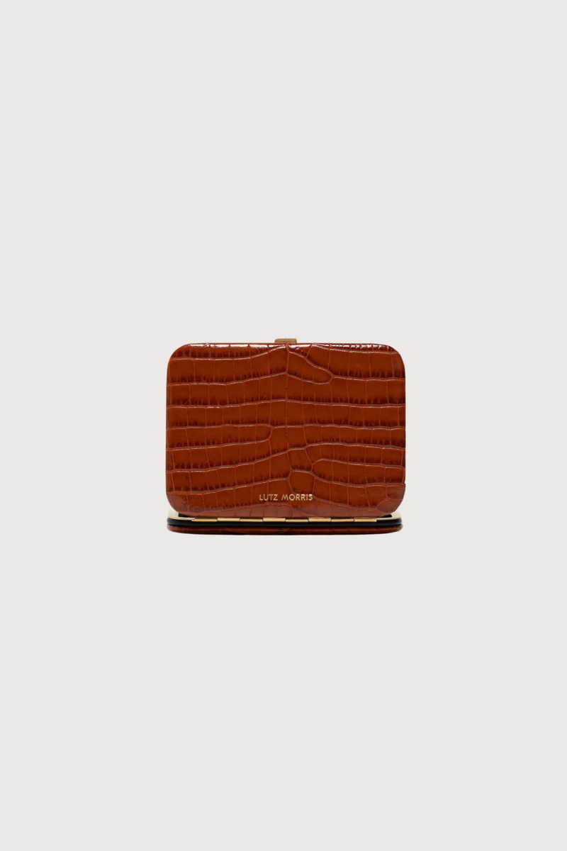 back profile Nolan Card Holder Cognac Croc leather Custom frame is in 24k gold-plated stainless steel with gold logo stamp