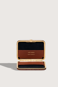Inside profile Nolan Card Holder Cognac Croc leather Custom frame is in 24k gold-plated stainless steel with gold logo stamp and pebble leather card slots