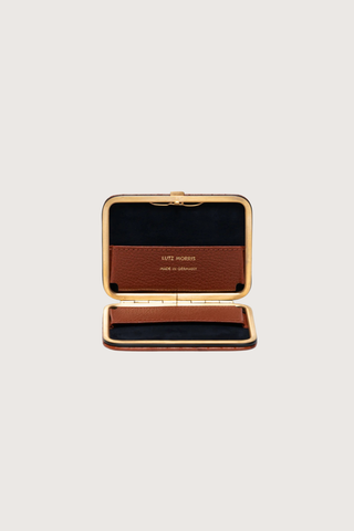 Inside profile Nolan Card Holder Cognac Croc leather Custom frame is in 24k gold-plated stainless steel with gold logo stamp and pebble leather card slots
