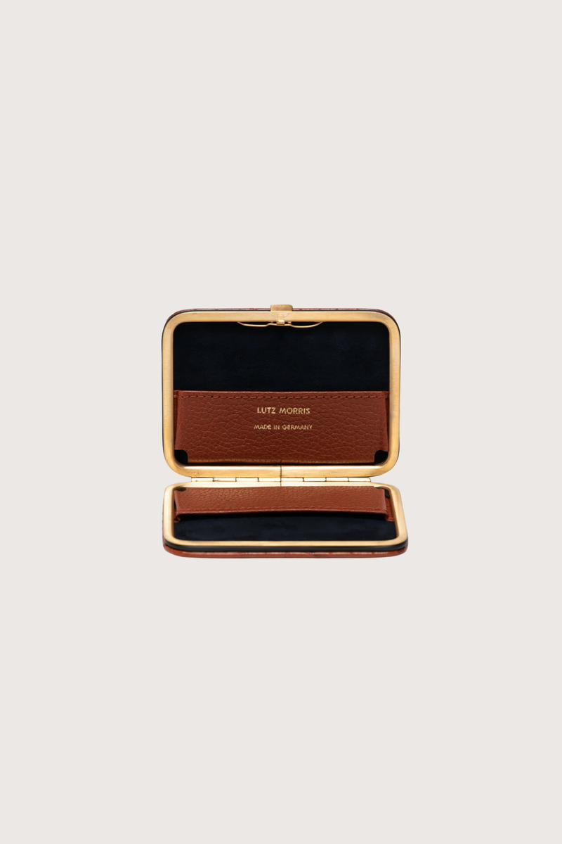 Inside profile Nolan Card Holder Cognac Croc leather Custom frame is in 24k gold-plated stainless steel with gold logo stamp and pebble leather card slots