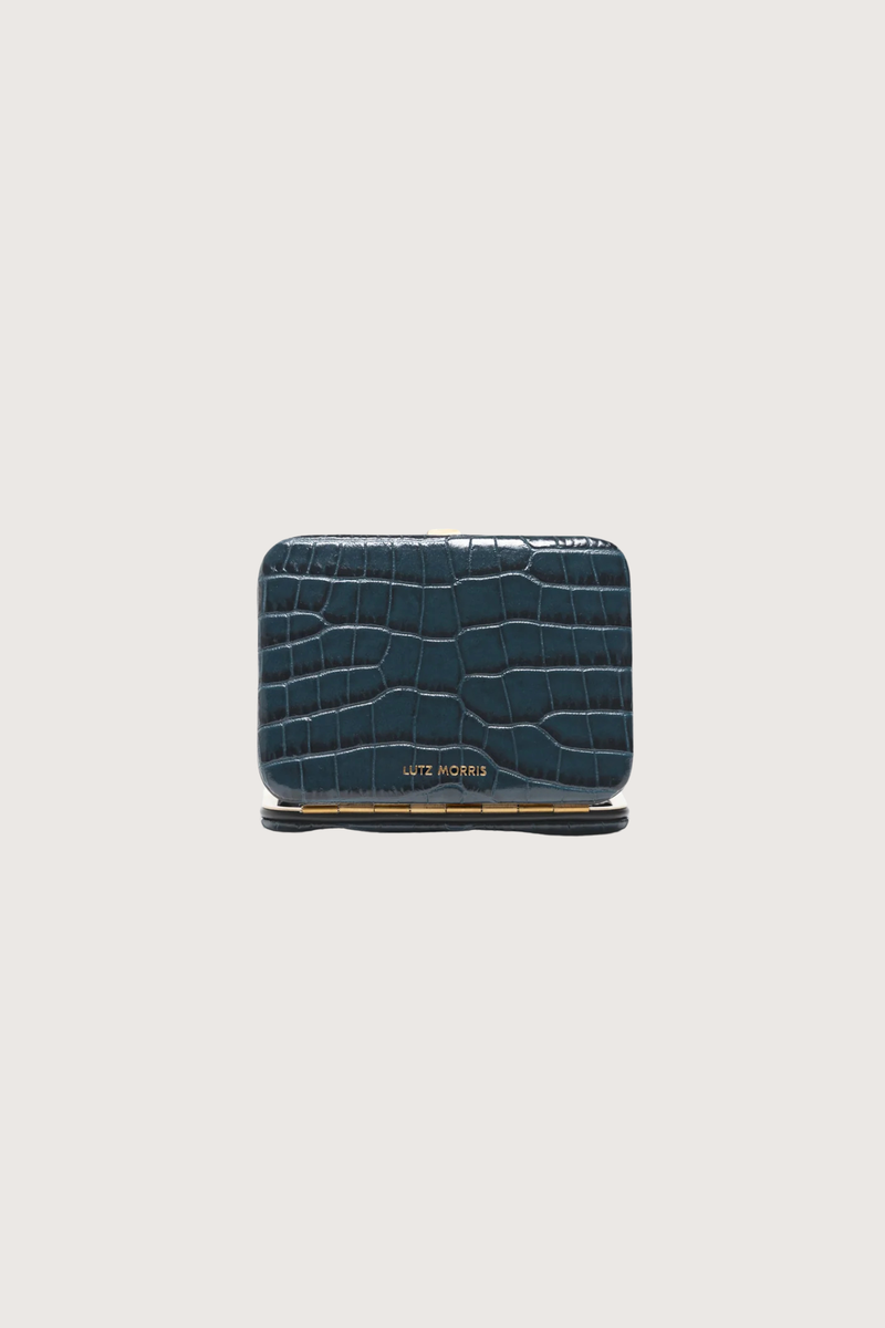 back profile Nolan Card Holder denim Croc leather Custom frame is in 24k gold-plated stainless steel with gold logo stamp