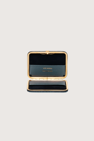 Inside profile Nolan Card Holder denim Croc leather Custom frame is in 24k gold-plated stainless steel with gold logo stamp and pebble leather card slots