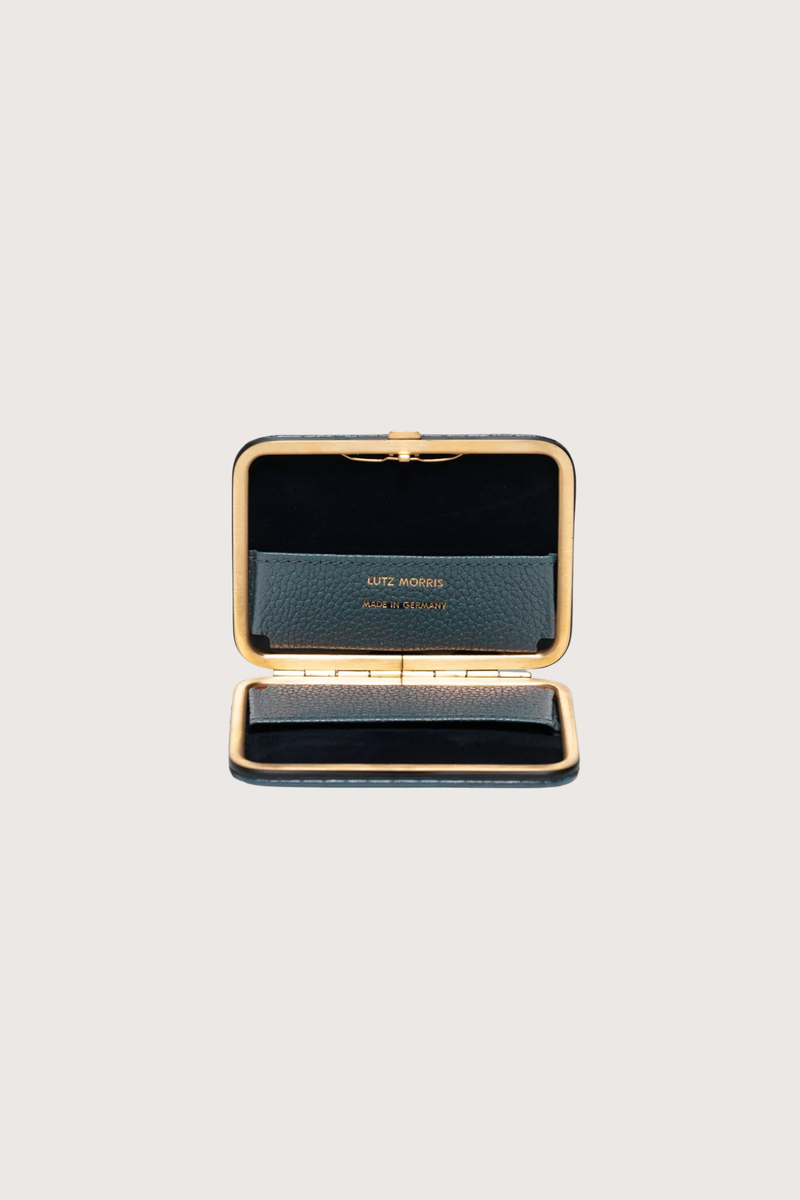 Inside profile Nolan Card Holder denim Croc leather Custom frame is in 24k gold-plated stainless steel with gold logo stamp and pebble leather card slots