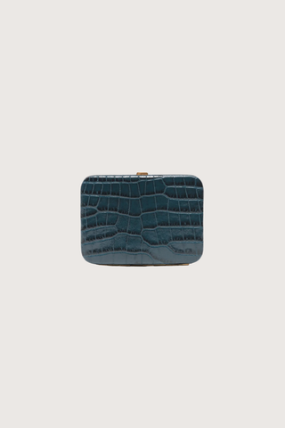 front profile Nolan Card Holder denim Croc leather Custom frame is in 24k gold-plated stainless steel 