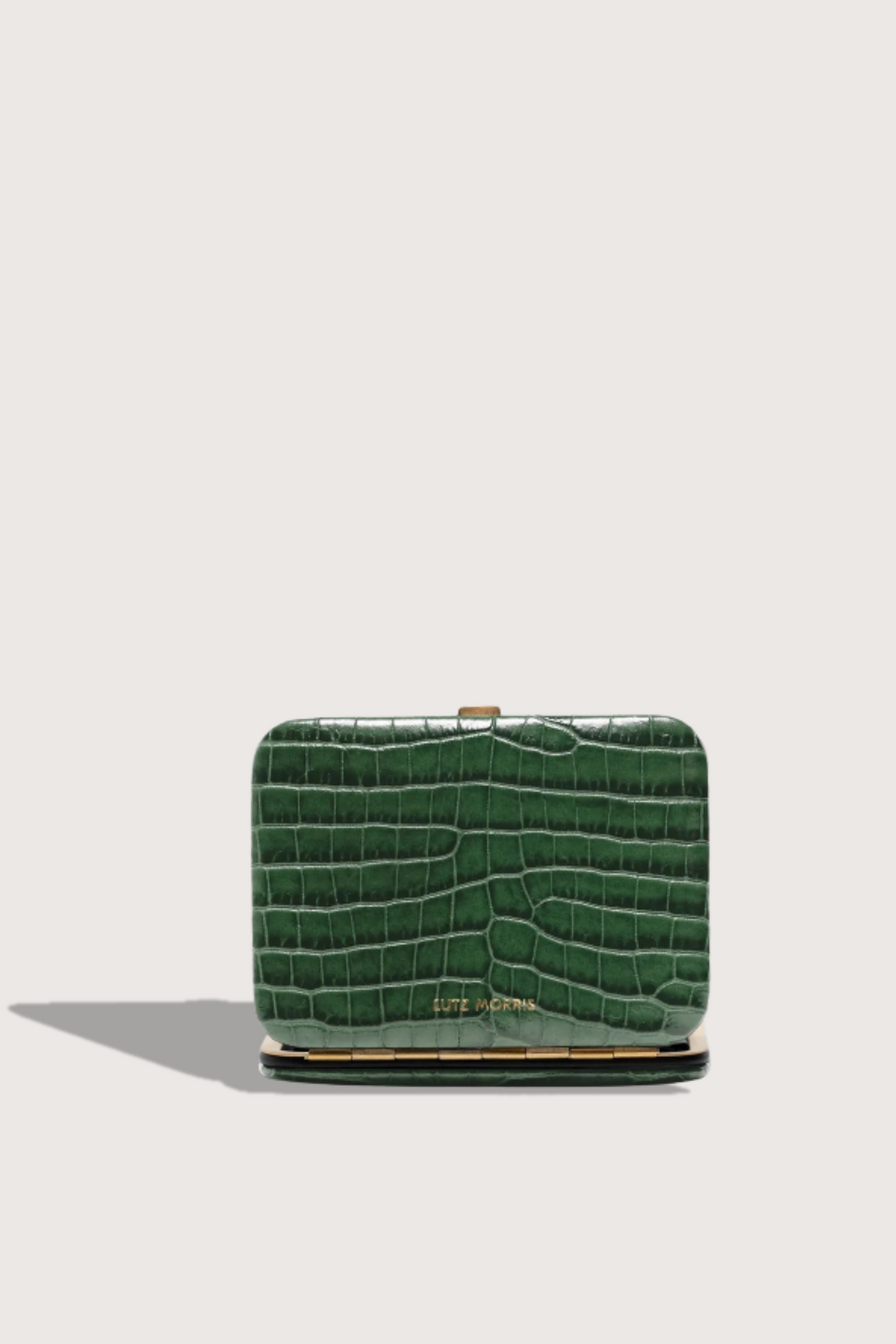 back profile Nolan Card Holder jade Croc leather Custom frame is in 24k gold-plated stainless steel with gold logo stamp