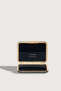 Inside profile Nolan Card Holder Jade Croc leather Custom frame is in 24k gold-plated stainless steel with gold logo stamp and pebble leather card slots